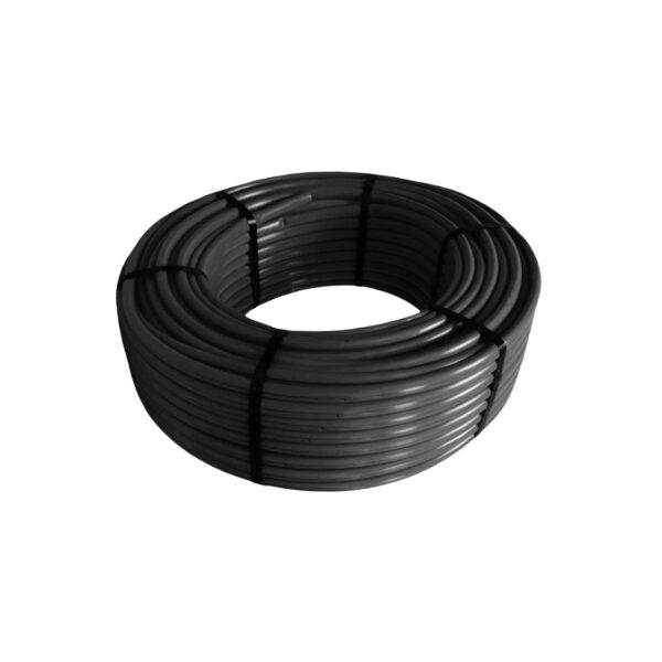 Rollo de tubería negra autocompensante RIS PLUS PC con gotero integrado, ideal para riego agrícola eficiente en terrenos con desniveles.